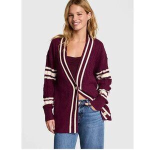 PINK Victoria Secret Cardigan Sweater Preppy Collegiate Burgundy/White Small NWT